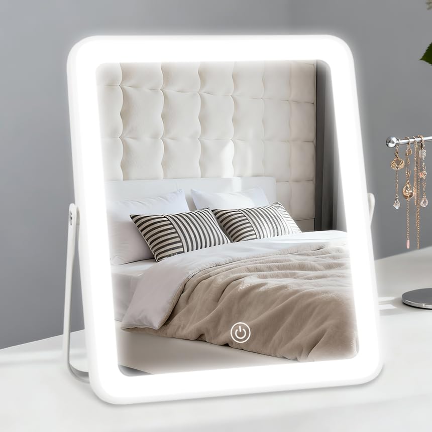 YEKKOPT Travel Makeup Mirror with Lights, Portable Small Beauty LED Vanity Mirror with Lights, 1200mAh Battery, Dimmable Touch Screen, Tabletop Folding Compact Mirror,Women Gift