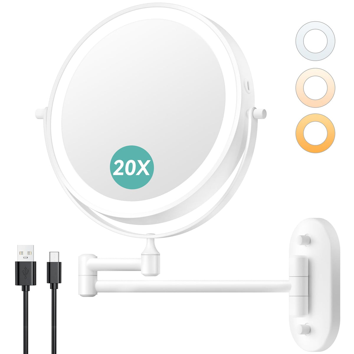 Auxmir 1X/20X Wall Mounted Makeup Mirror, 8" Rechargeable Magnifying Mirror