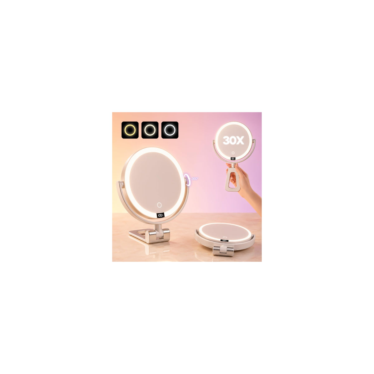 1X/30X Makeup Mirror with Lights, Rechargeable Magnifying Mirror