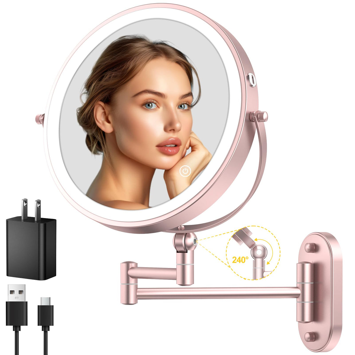 IMIKONA 9" Wall Mounted Lighted Makeup Mirror,4000mAh Rechargeable Double Sided 1X/10X Magnifying Mirror with Light,3 Color Lights,Touch Dimmable,Extended Arm 360 Rotation Wall Mounted Makeup Mirror