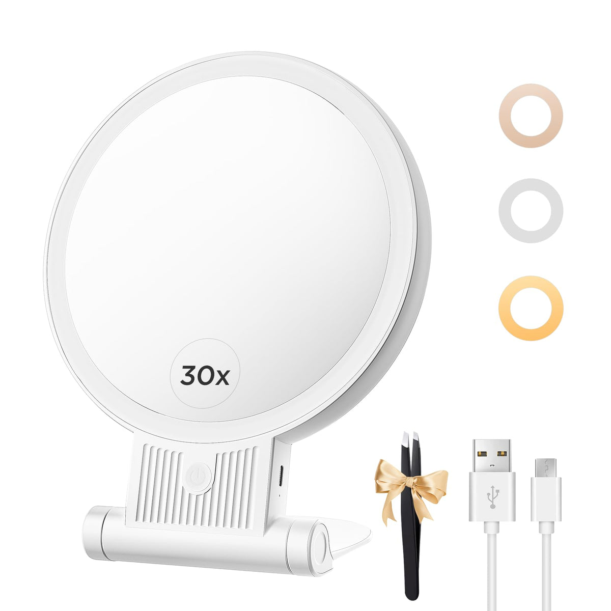 Makeup Mirror with Light, 1X/30X, 3 Colors, Rechargeable 2000mAh
