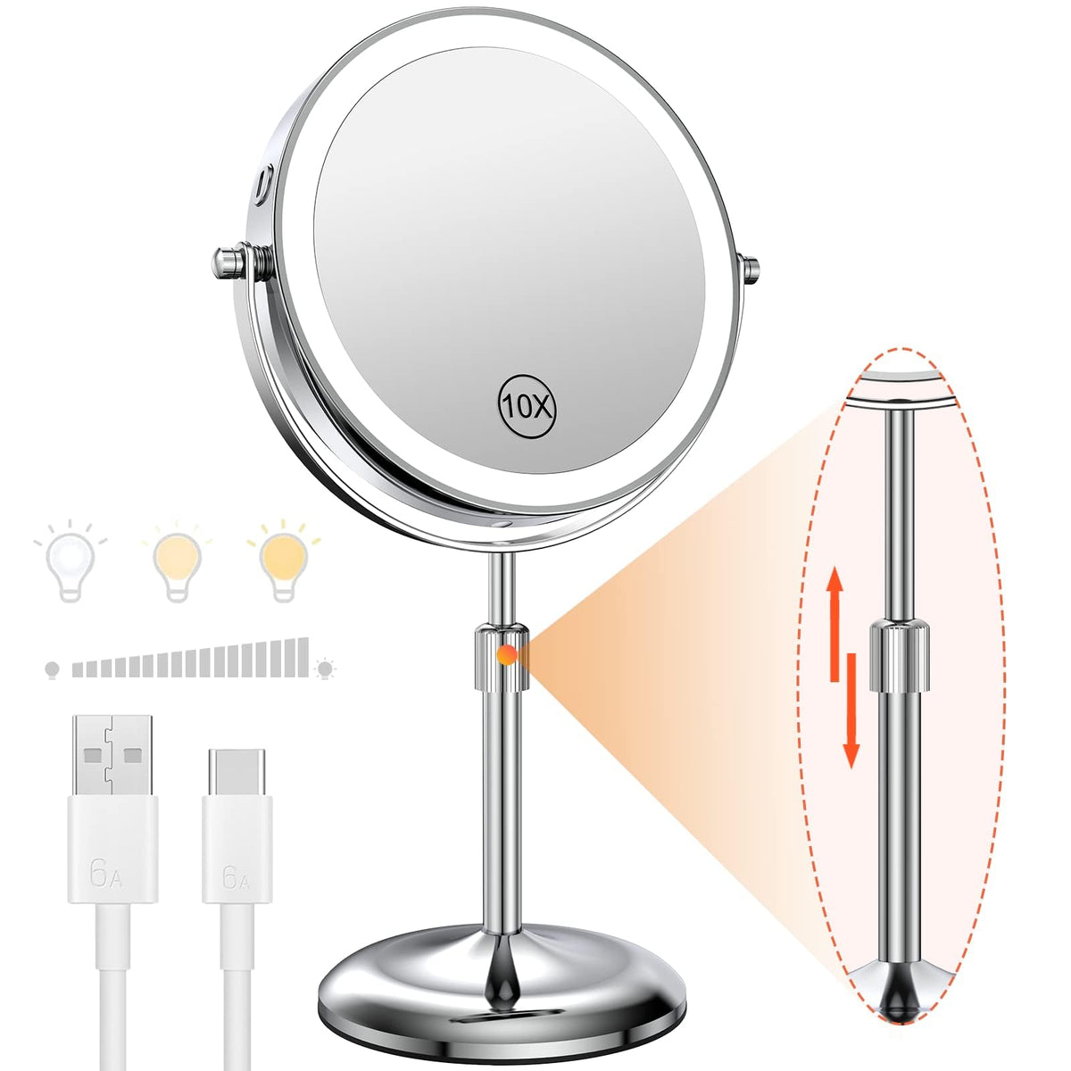 Benbilry 7" Lighted Makeup Mirror with 3 Color Lights & 10X Magnification, Adjustable Brightness & Height, 360° Swivel Rechargeable 10X LED Magnifying Vanity Mirror with Light, Gold