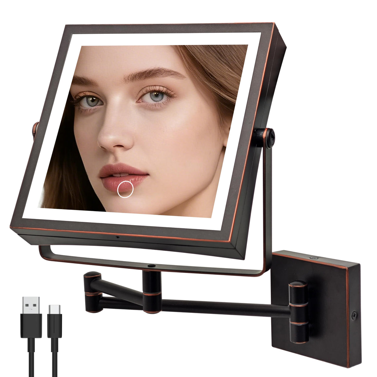 Wall Mounted Lighted Makeup Mirror 1X/10X Square Brushed Gold