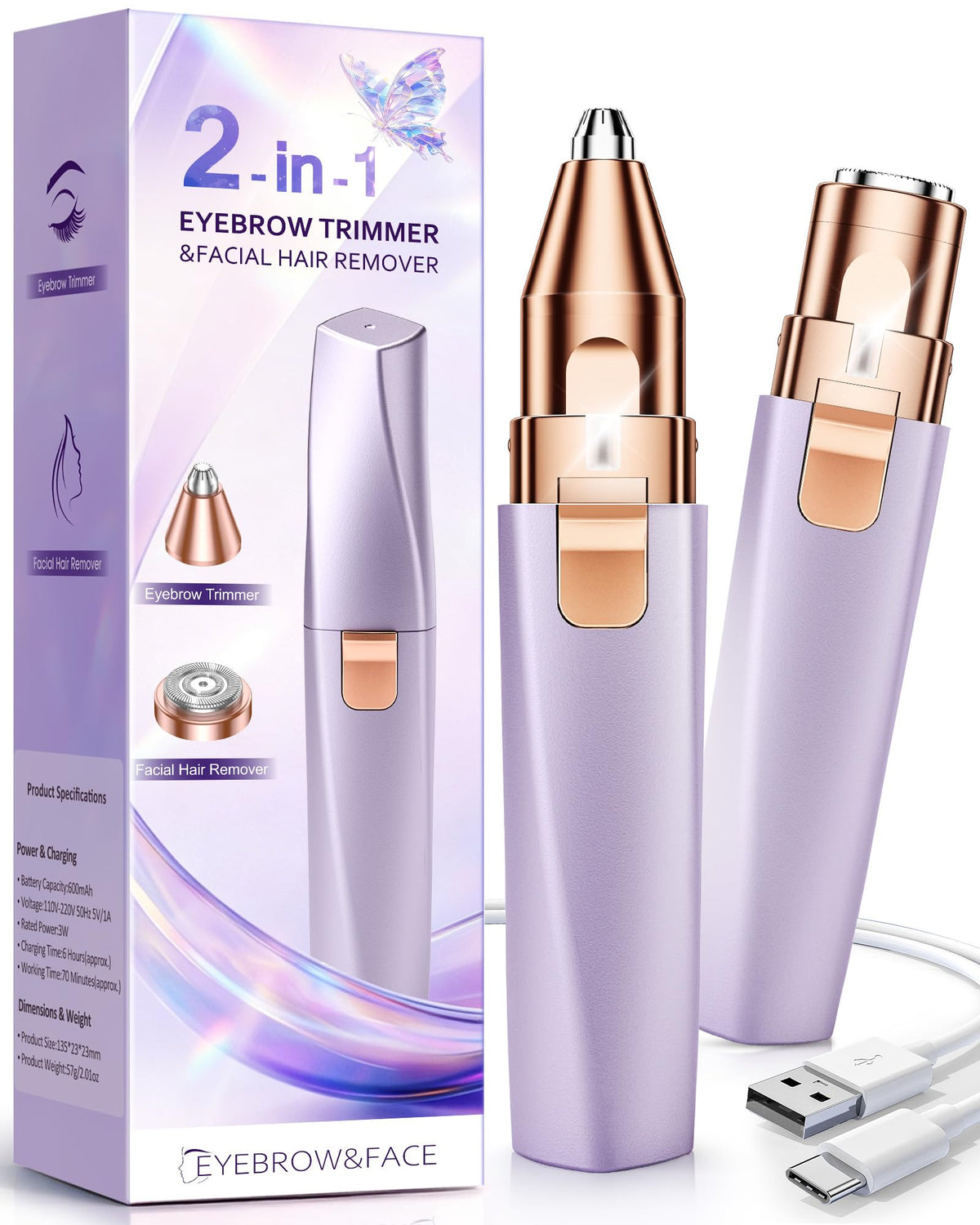 Eyebrow Trimmer Facial Hair Removal for Women: 2 in 1 Rechargeable Face Shaver and Eyebrow Razor - Painless Electric Hair Remover Device for Peach Fuzz Fine Hairs Upper Lip Chin