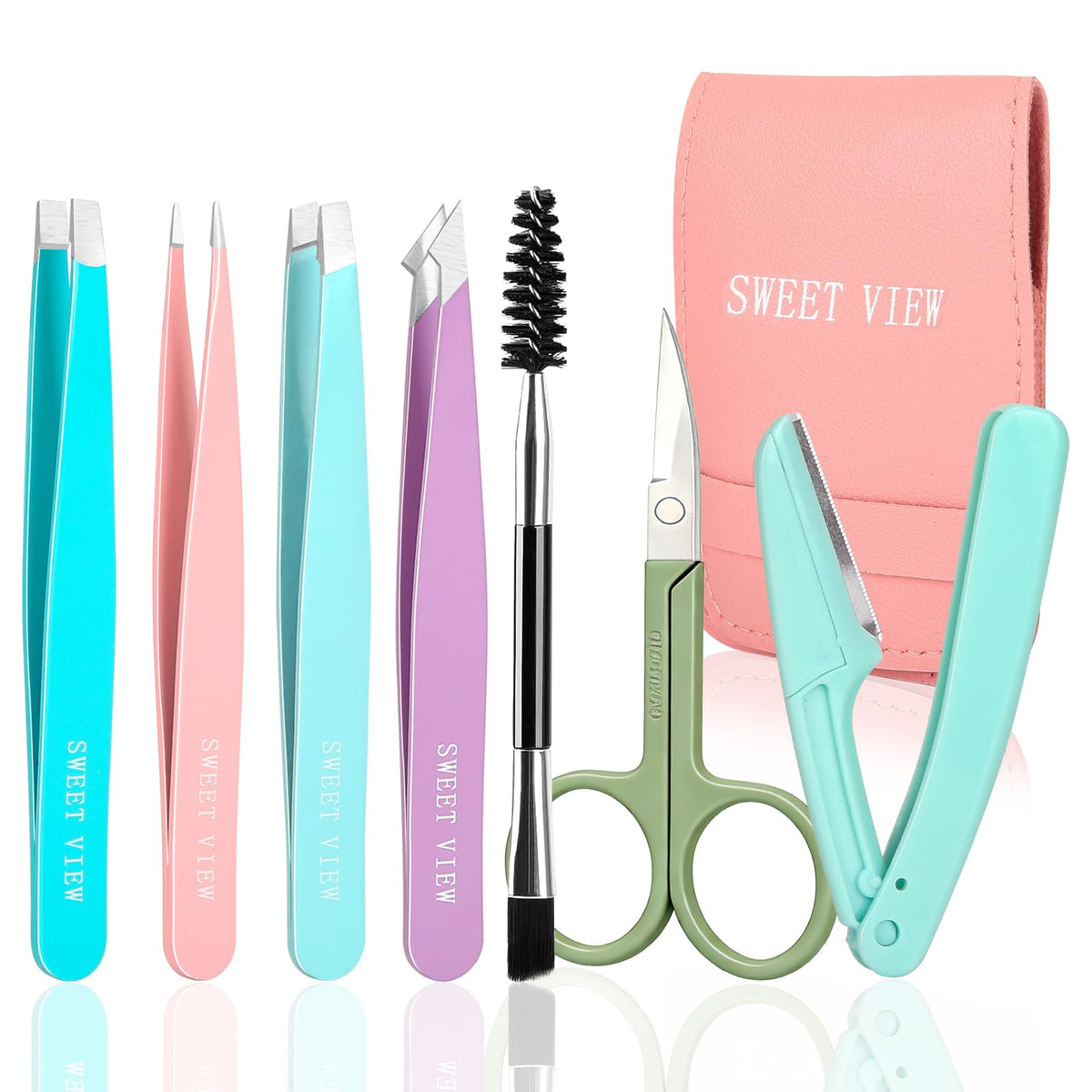 SWEET VIEW 7PCS Tweezers Kit for Women Facial Hair & Brow