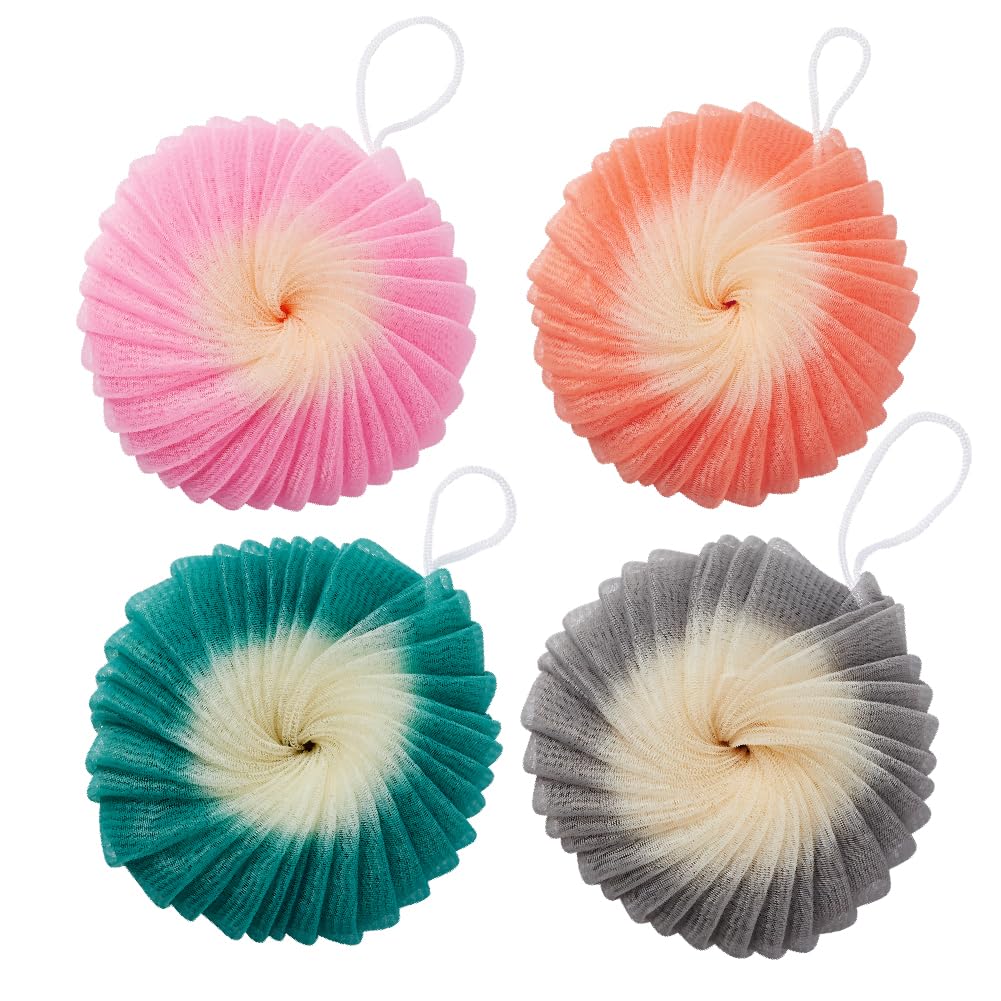 Éclat Mesh Bath Sponge Loofah Ball, Soft Exfoliating Body Scrubber for Wash, Rich-Lather Nylon Net Puff with Quick-Dry Hanging Loop, Gentle Daily Cleanser (Pink/Grey, 2Pcs)