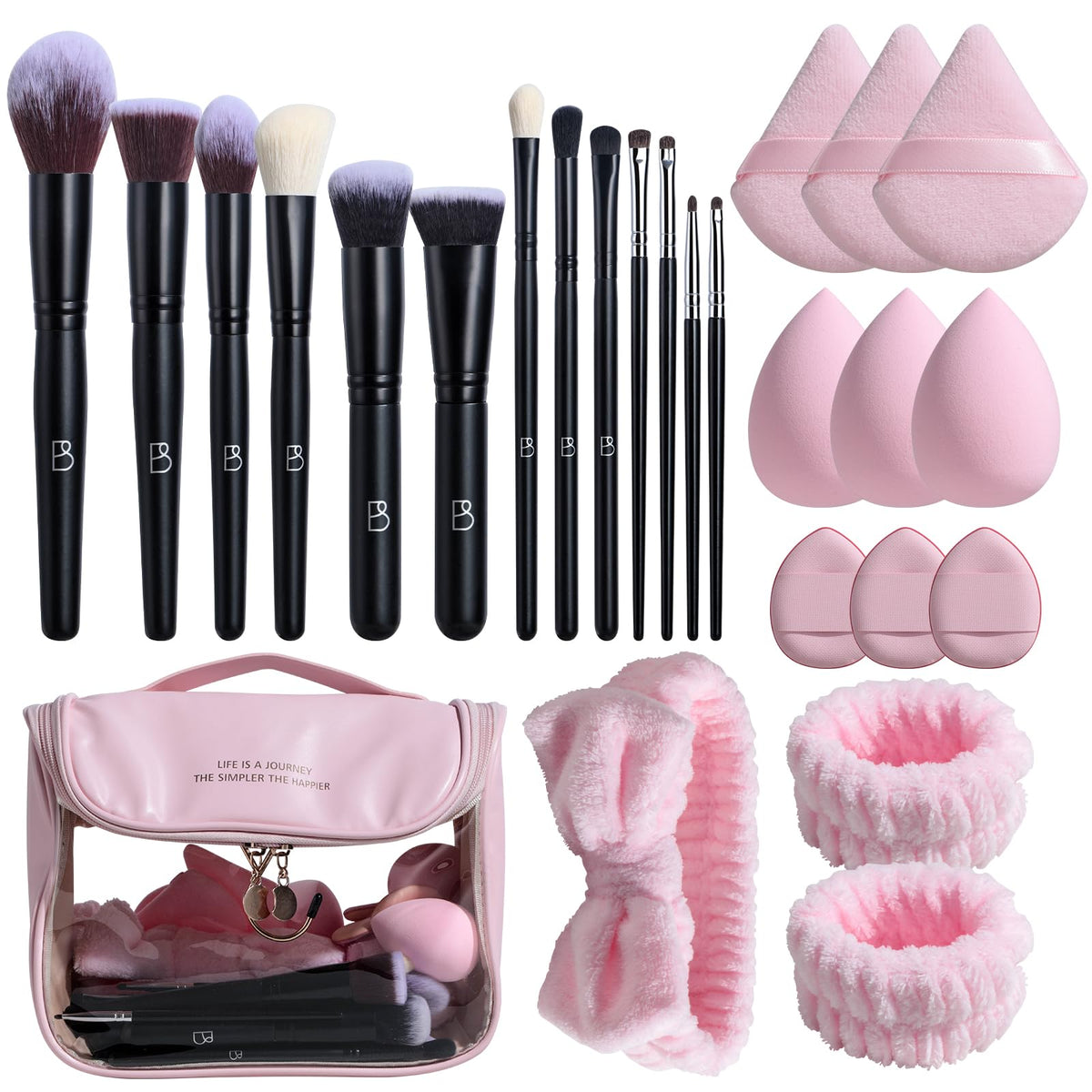 BS-MALL Makeup Brush Set with Waterproof Travel Bag & Makeup sponges -26 Pcs Set Triangle Puff & Face Washing Puffs,Face Wash Headband Wristband for Travel Go Camping Gift & Makeup Beginners (Black)
