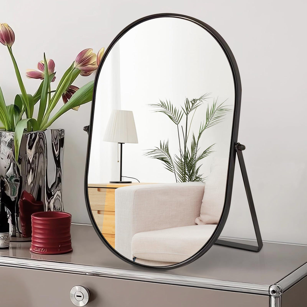 Vanity Desk Table Mirror Oval Makeup Mirror 90°Adjustable Rotation Golden Metal Framed Standing Mirrors Room Decor for Living Room,Bedroom,Tabletop,Bathroom