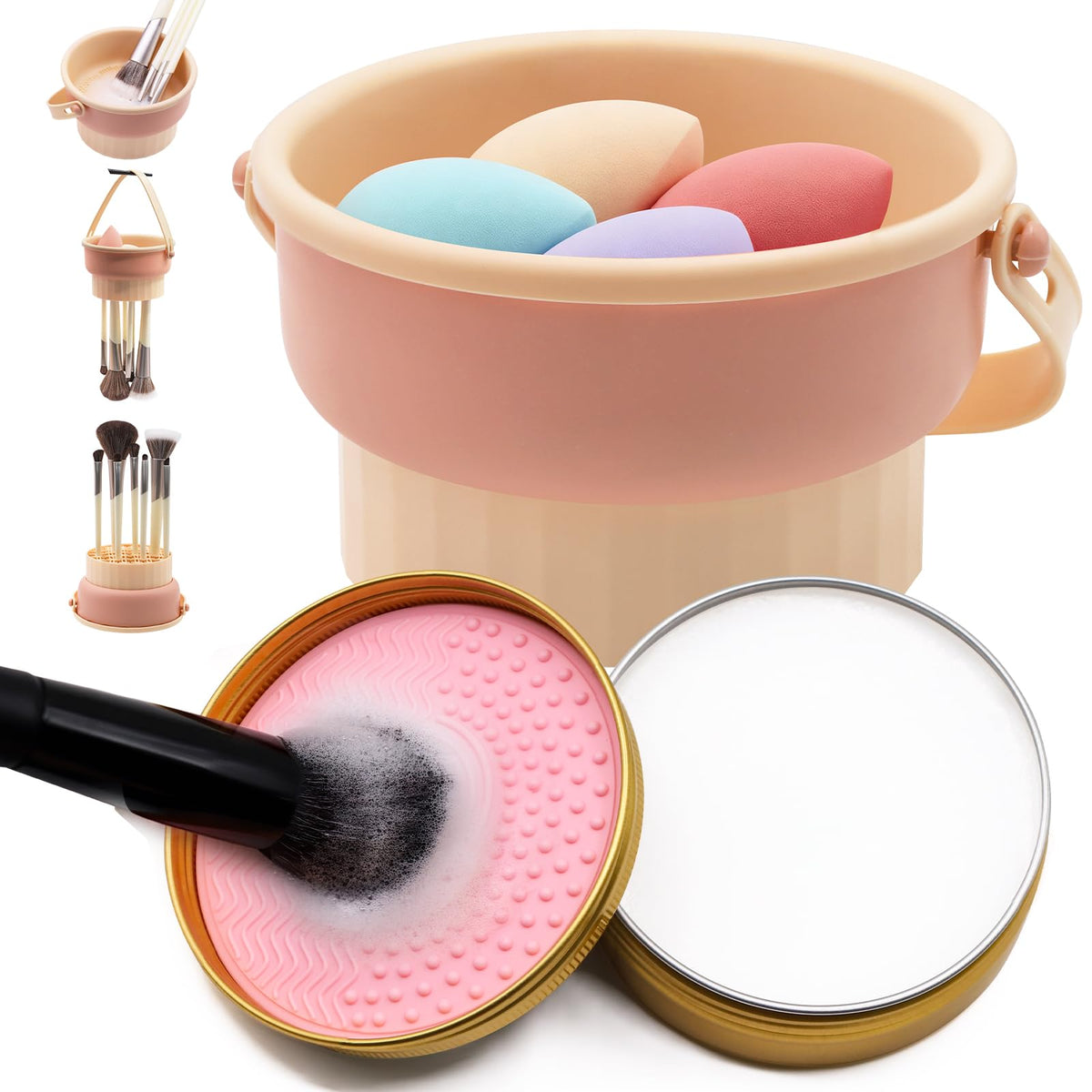 Makeup Brush Cleaner Mat + Solid Brush & Sponge Soap, Brush Cleaner Bowl & Makeup Brush Cleanser, 3 in 1 Makeup Organizer, Vegan, Deep Cleaning, No Residue(2-piece set, 100g/3.53oz + Khkai)