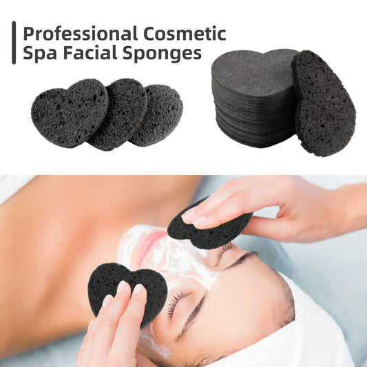 100-Count Compressed Facial Sponges for Estheticians Heart Shape Natural Cellulose Sponge Professional Cosmetic Spa Sponges for Face Cleansing, Massage, Pore Exfoliating, Mask, Makeup Removal, Black