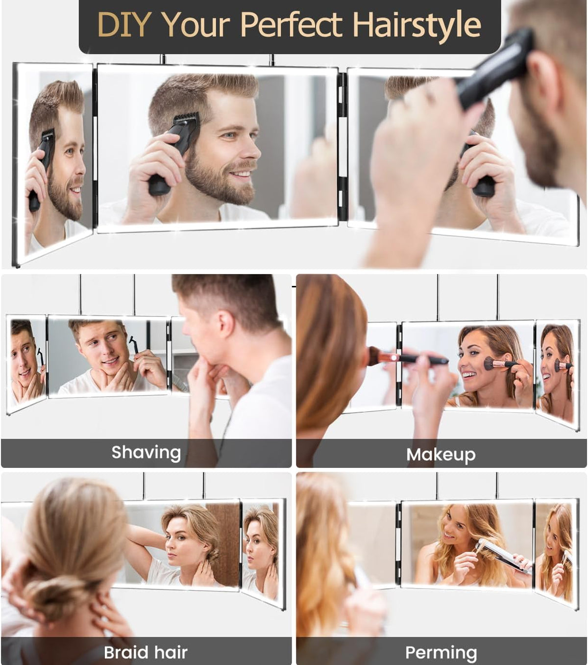 XIGETRAIL Rechargeable 3 Way Mirror for Hair Cutting with 8 Light Strips