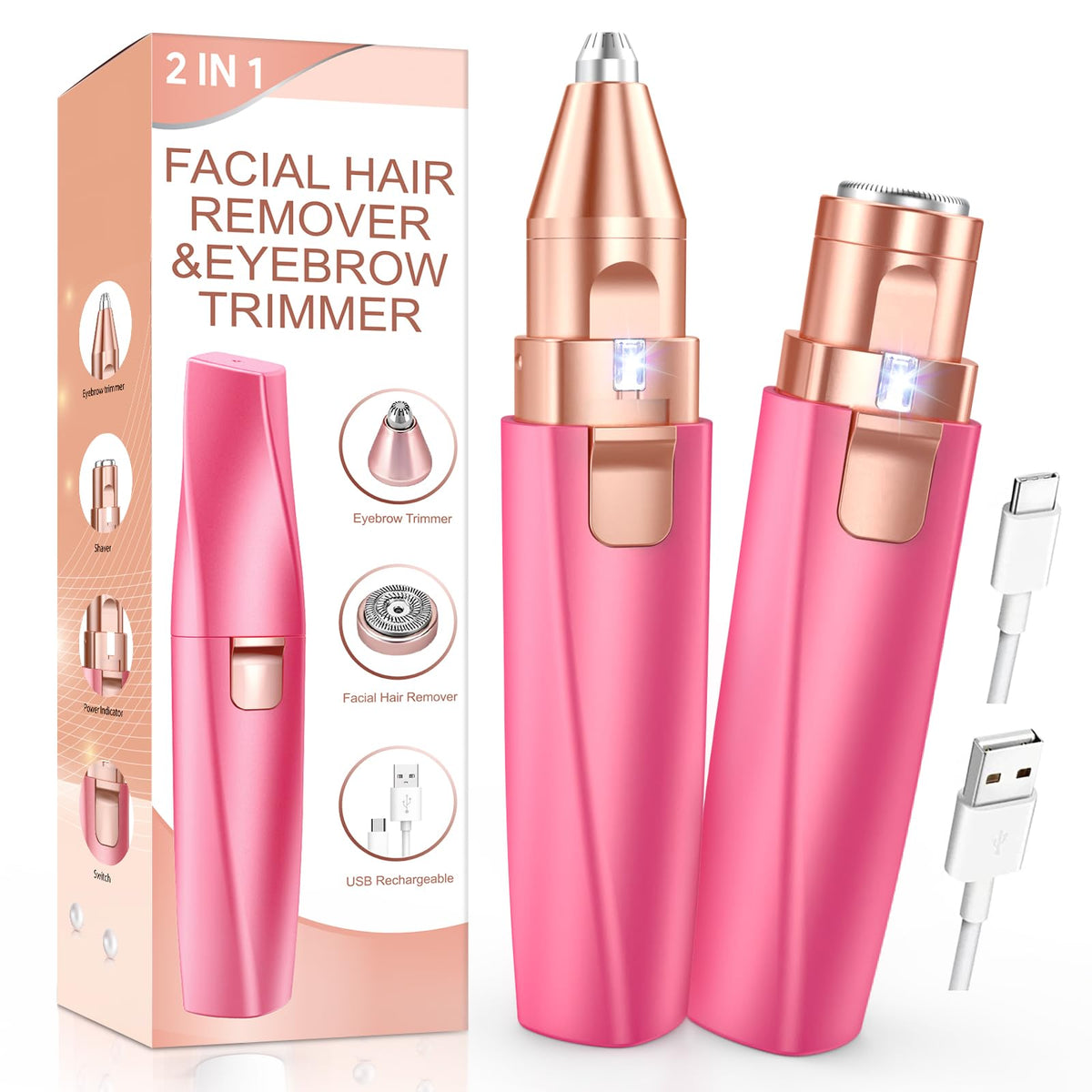 Eyebrow Trimmer Facial Hair Removal for Women: 2 in 1 Rechargeable Face Shaver with LED Light, Painless Electric Eyebrow Razor for Eyebrows, Upper Lip, Chin, Peach Fuzz & Fine Facial Hair