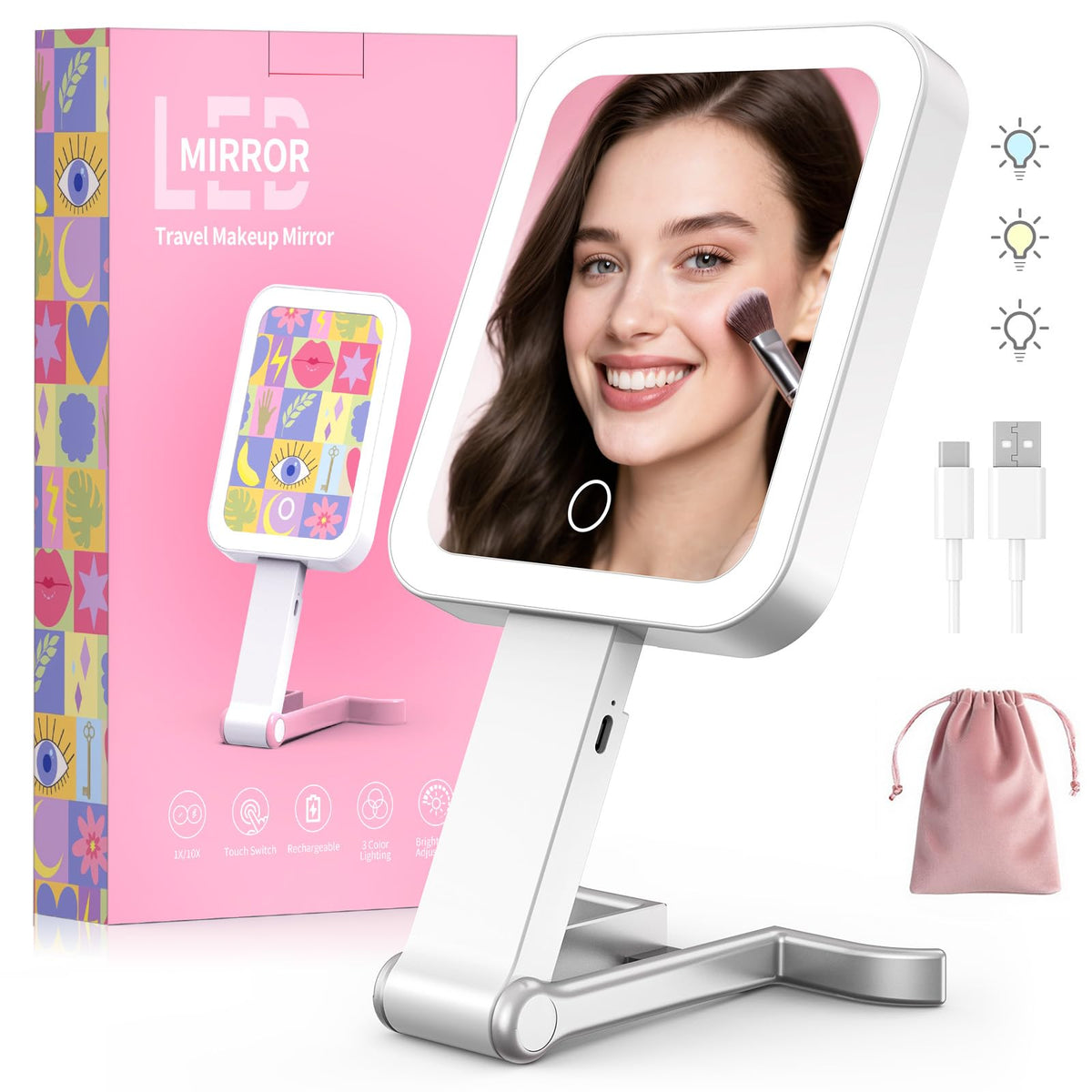 Travel Makeup Mirror with Lights, 10X/1X, 3 Colors, USB-C, Pink, Portable