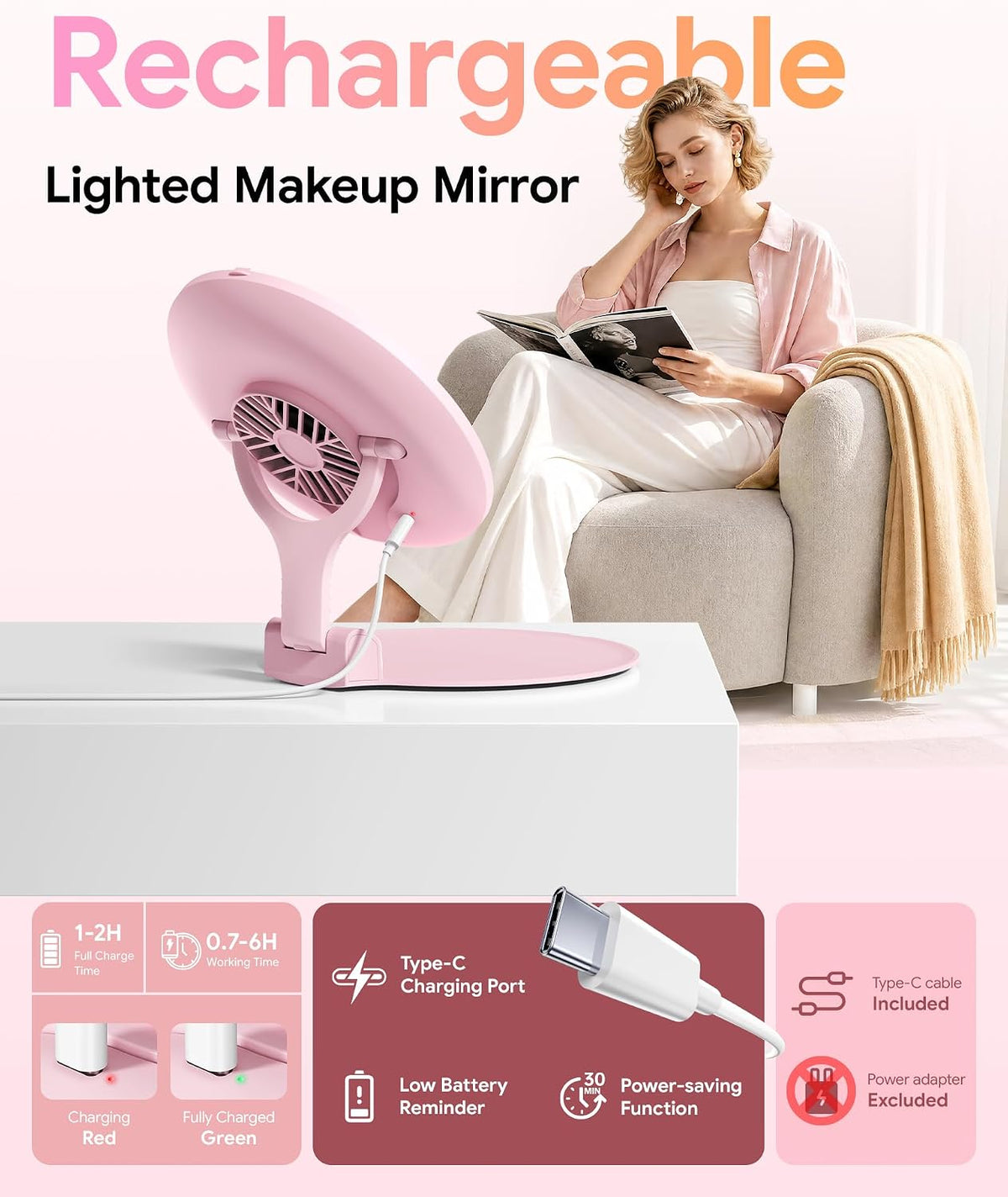 Gospire Foldable Lighted Makeup Mirror with Fan, 3-Speed & 3 Lights, Pink