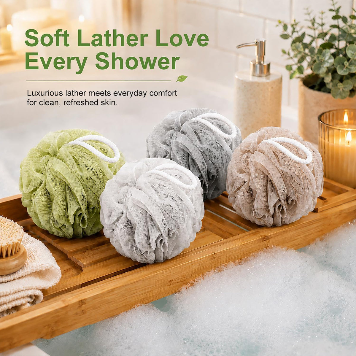Loofah Sponge 4 Pack,Soft Mesh Bath Pouf,Shower Sponge,60g