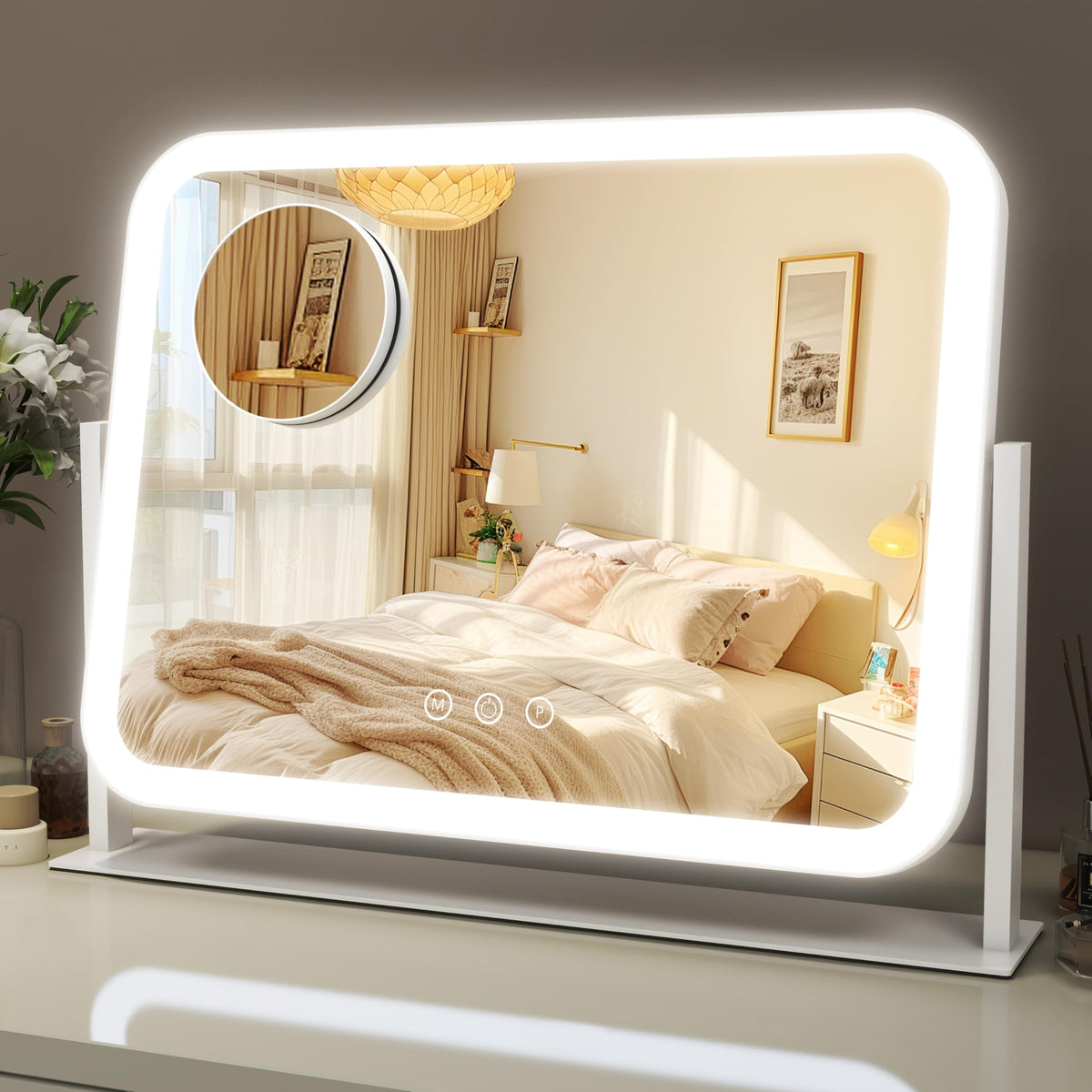 ROLOVE Lighted Makeup Mirror 16.3"x12.6", Hollywood Vanity Mirror with 10X Magnifier, 3 Color LED Lighting Modes, Smart Touch Control & 360° Rotation, Tabletop Makeup Mirror (White, Gift Ready)