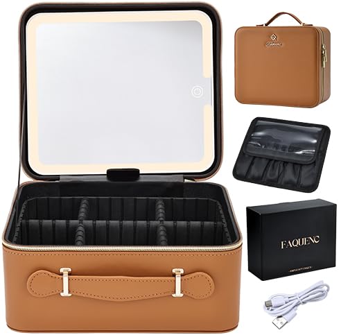 Faquenc Leather Makeup Case with LED Lighted Mirror 11.4 Inch Travel Makeup Bag Adjustable Brightness in 3 Colors Cosmetic Organizer Artist Storage Bag with Dividers Brush Holder Bag Vanity White