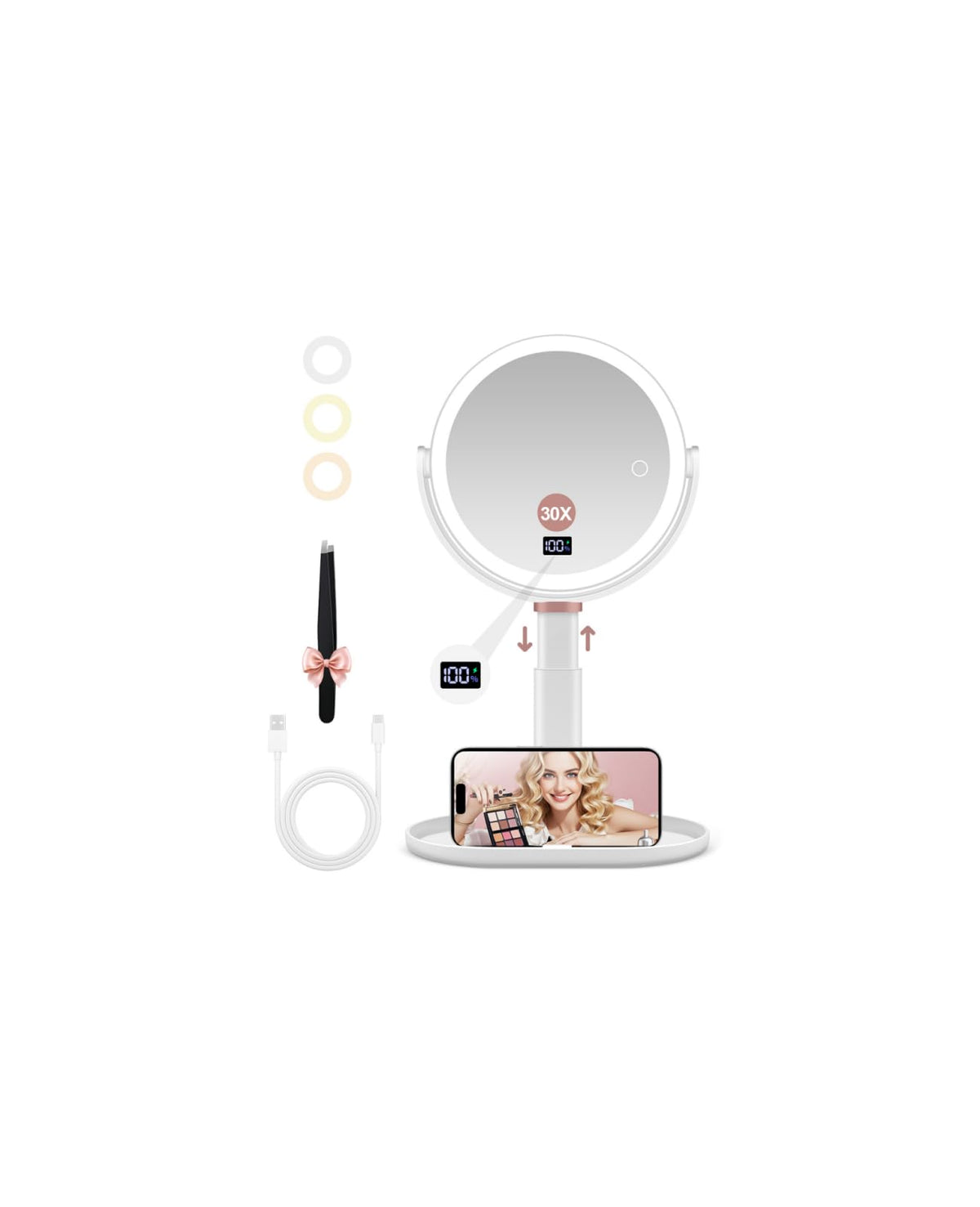 GOMIPURU Travel Mirror with Light, 1x/30x Magnifying Mirror with 3 Color Lights and Adjustable Brightness, 4.5x3.9 inch Small Compact Hangable Hand Pocket 3 Way Mirrors, Comes with Tweezer