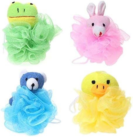 Cartoon Bath Pouf Puff Mesh Bath Sponges with Stuffed Animal Loofah (4 Pack) Rabbit,Bear,Duck,Frog Design