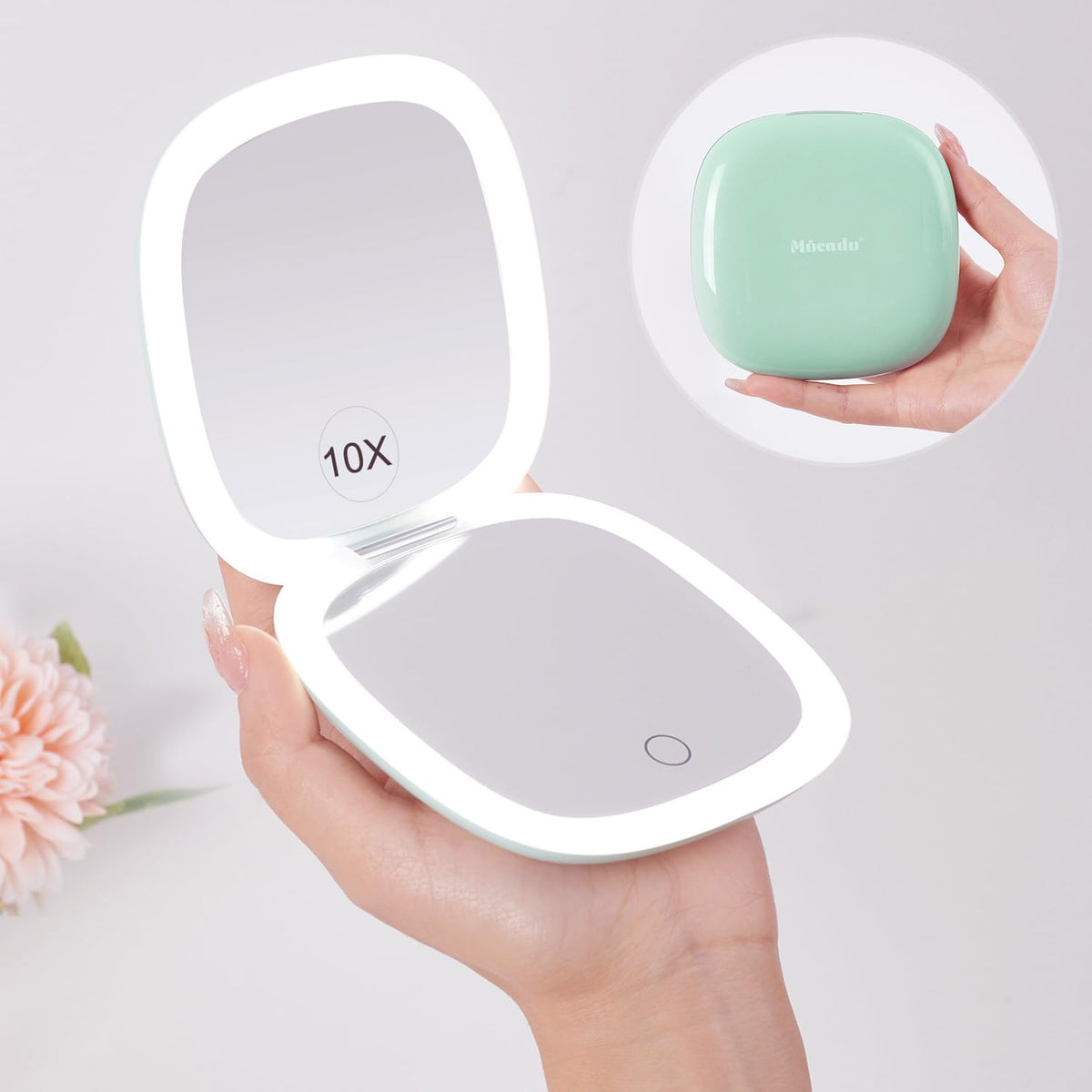 Mocado Compact LED Magnifying Travel Makeup-Mirror - 4 inches 1X/10X Magnification Small Hand Pocket Dimmable Double Sided USB Rechargeable Touch Screen, Portable Tabletop Cosmetic (Rose Gold)
