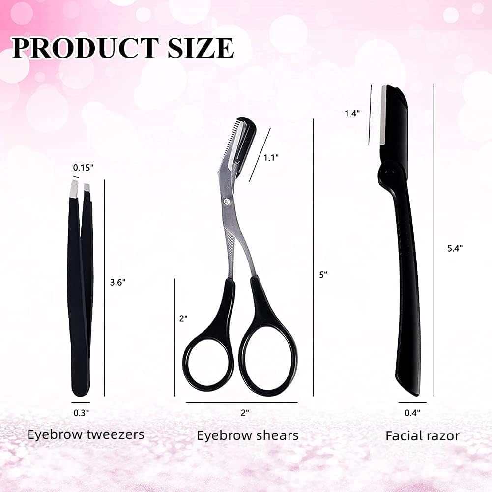 3-in-1 Eyebrow Scissors Kit，for Personal Facial Hair Removal,Multifunctional Ms. Exfoliating Beauty Tool，Including；Eyebrow Comb Scissors, Hair Removal Tweezers,Eyebrow Razor（Black