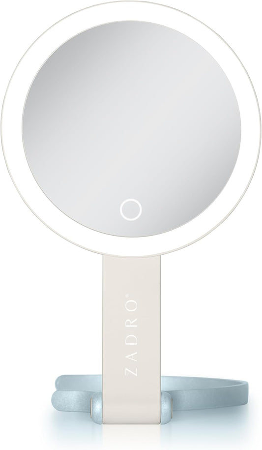 Zadro LED Lighted Makeup Mirror, 2-Sided with 1x & 10x Magnification, Rechargeable Portable Vanity Mirror with 3 Dimmable Color Settings, Handheld & Hands-Free Design, 6.25 Inch (Neutral/French Blue)
