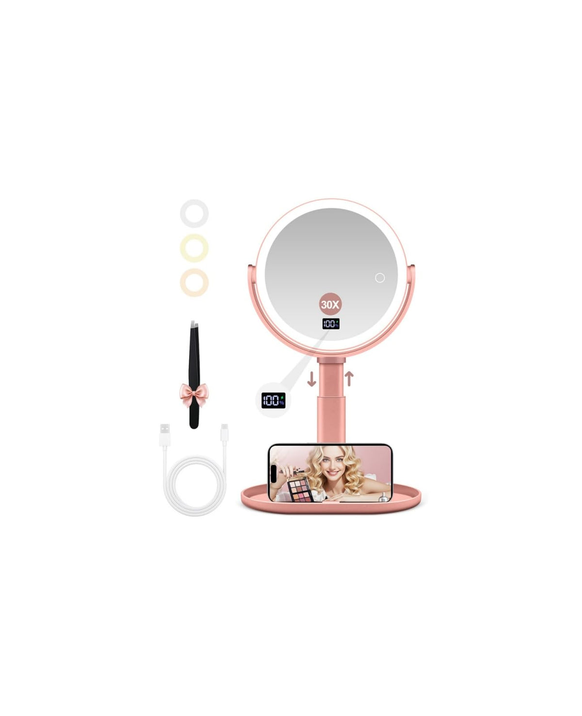 GOMIPURU Travel Mirror with Light, 1x/30x Magnifying Mirror with 3 Color Lights and Adjustable Brightness, 4.5x3.9 inch Small Compact Hangable Hand Pocket 3 Way Mirrors, Comes with Tweezer