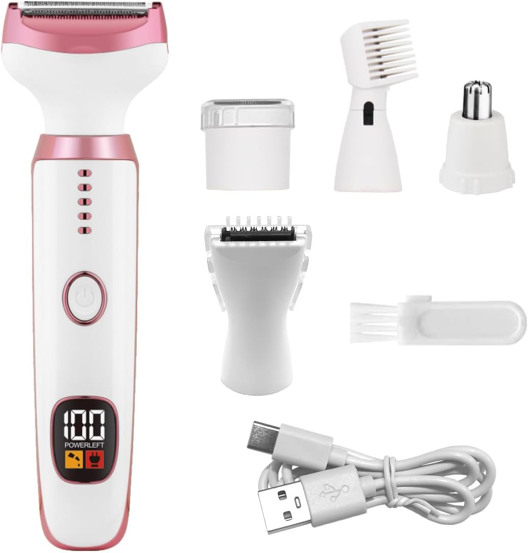 Electric Razors for Women, Bikini Trimmer for Women 5 in 1 Body Shaver for Nose Hair Face Eyebrow Arms Legs Armpit Underarm Pubic Area, Replaceable Lady Facial Razor Painless USB Charge Female Gift