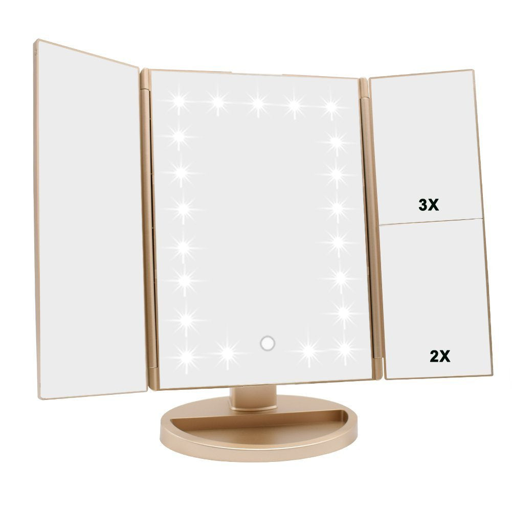 Flymiro Tri-fold Lighted Vanity Makeup Mirror with 3x/2x Magnification,Light up Mirror for Makeup,Touch Screen 21 LEDs,180° Rotation Countertop Cosmetic Mirror,Gifts for Women Mom Teen Girls
