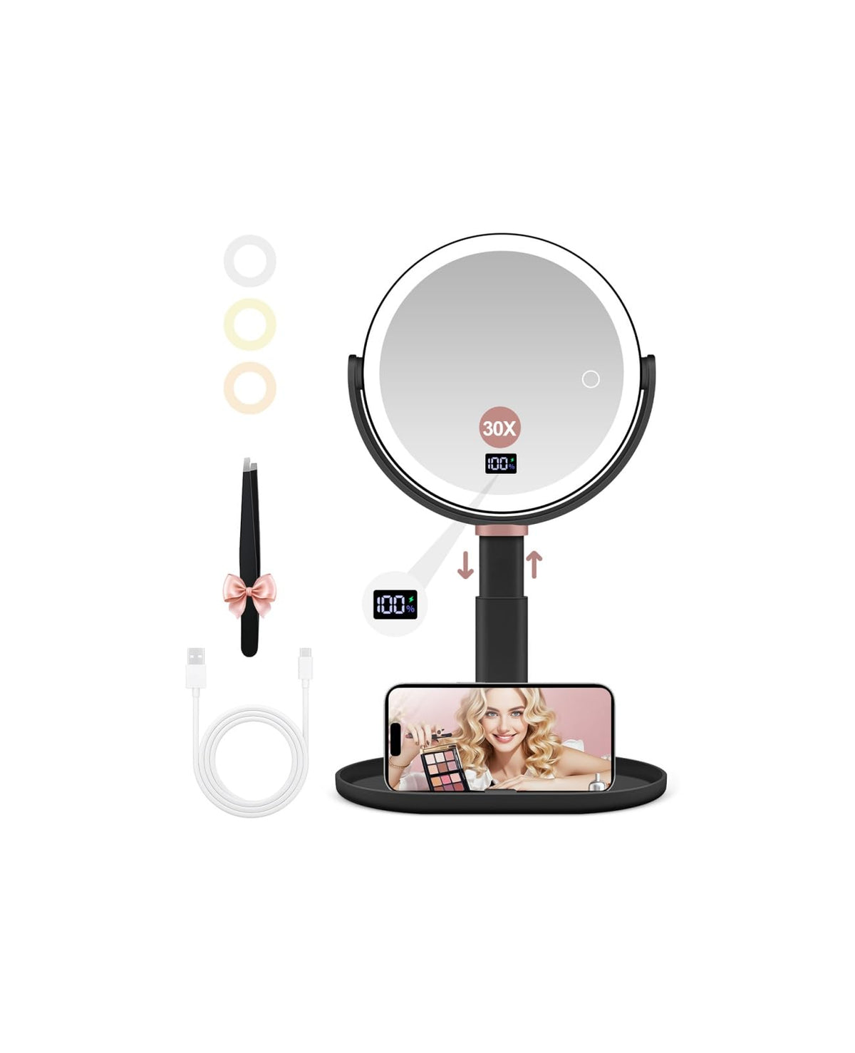 GOMIPURU Travel Mirror with Light, 1x/30x Magnifying Mirror with 3 Color Lights and Adjustable Brightness, 4.5x3.9 inch Small Compact Hangable Hand Pocket 3 Way Mirrors, Comes with Tweezer