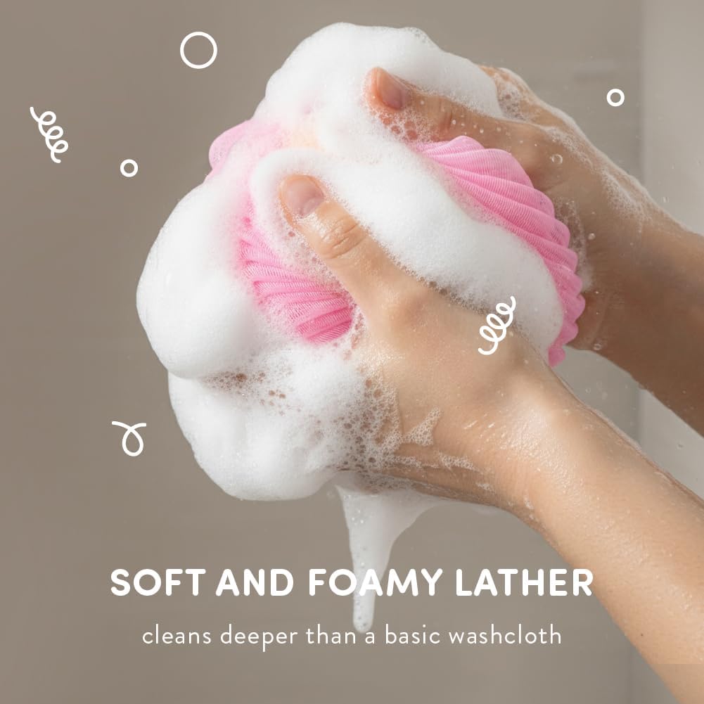 Éclat Mesh Bath Sponge Loofah Ball, Soft Exfoliating Body Scrubber for Wash, Rich-Lather Nylon Net Puff with Quick-Dry Hanging Loop, Gentle Daily Cleanser (Pink/Grey, 2Pcs)