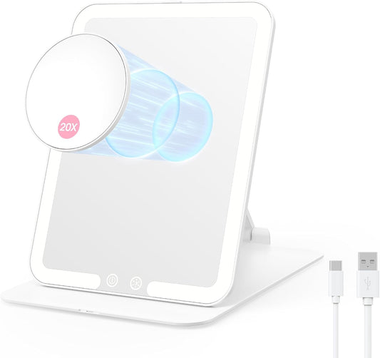 Benbilry Foldable Travel Makeup Mirror with Lights & 20X Magnifying, White