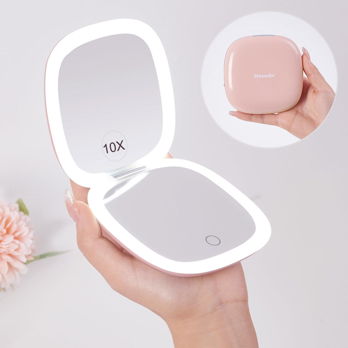 Mocado Compact LED Magnifying Travel Makeup-Mirror - 4 inches 1X/10X Magnification Small Hand Pocket Dimmable Double Sided USB Rechargeable Touch Screen, Portable Tabletop Cosmetic (Rose Gold)