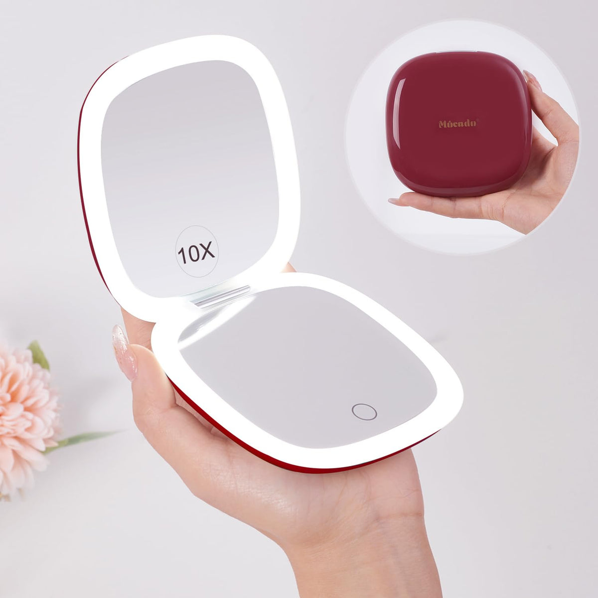Mocado Compact LED Magnifying Travel Makeup-Mirror - 4 inches 1X/10X Magnification Small Hand Pocket Dimmable Double Sided USB Rechargeable Touch Screen, Portable Tabletop Cosmetic (Rose Gold)