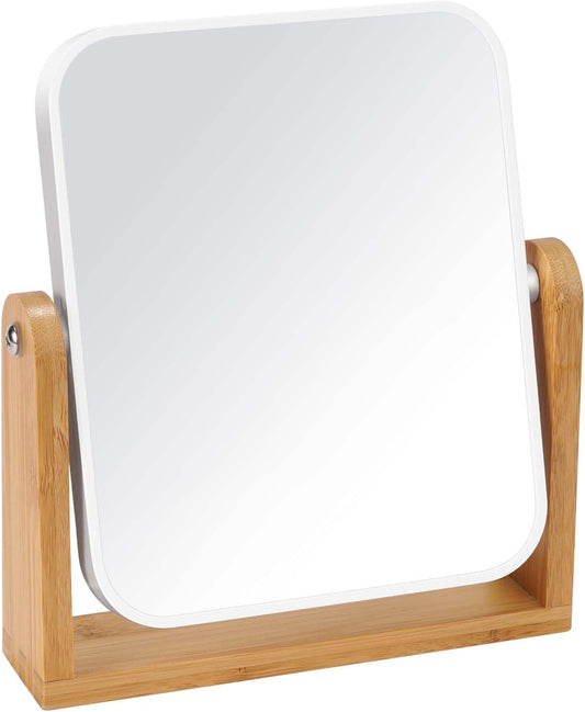 LFOYOU Vanity Makeup Mirror with Natural Bamboo Stand, Double Sided 360 Degree Swivel Magnifying Mirror, Tabletop Magnified Make up Mirror for Bathroom or Bedroom 8 Inch