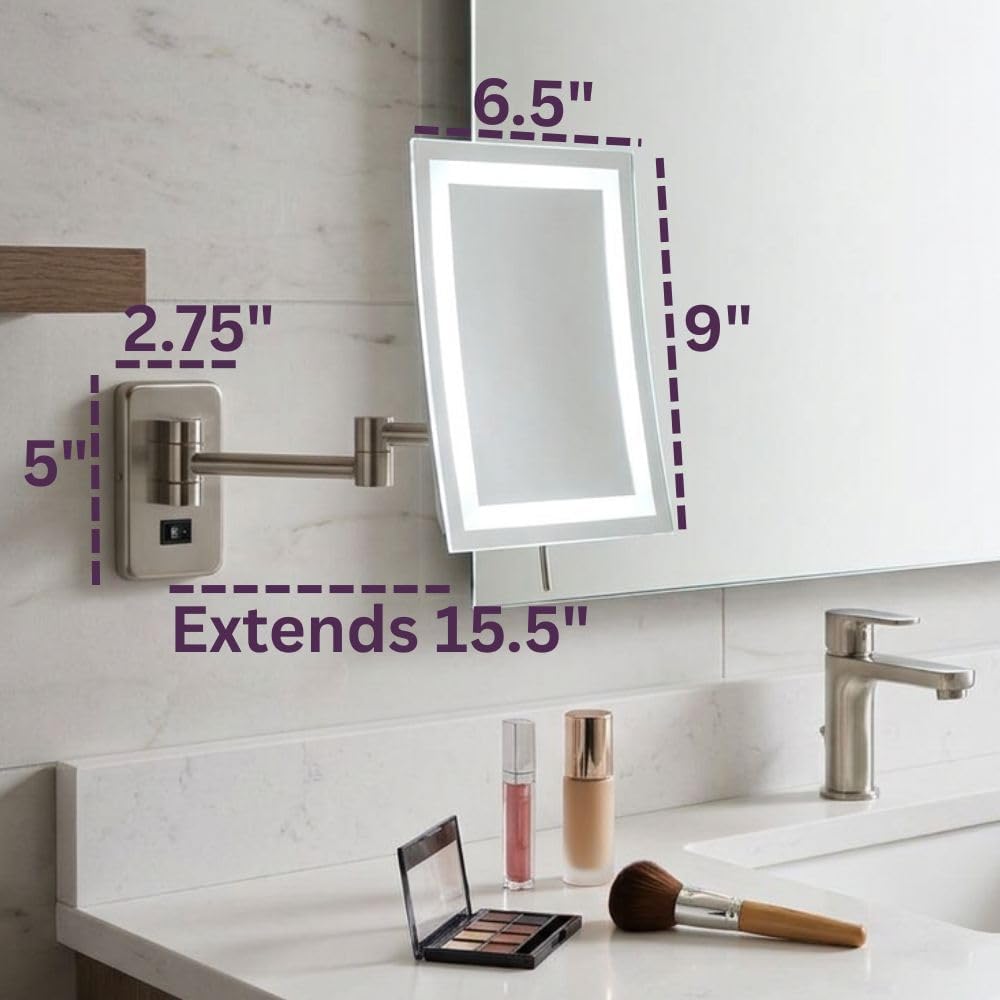 JERDON Hardwired Wall-Mount Makeup Mirror - 5X/1X - Nickel - JRT710NLD