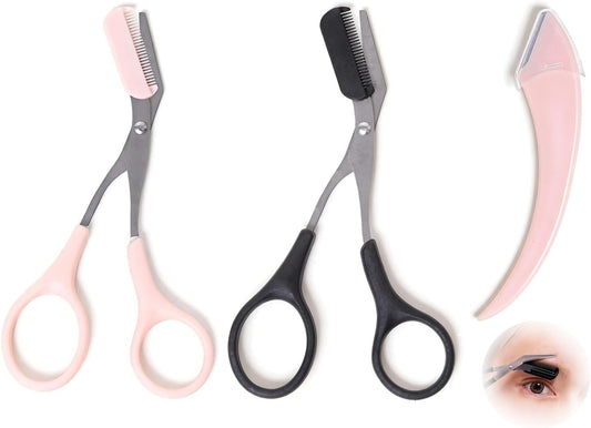 3Pack Eyebrow Scissors with Comb,Stainless Steel Eyebrow Trimmer Scissors with Eyebrow Razor for Beginner,Women & Men,Portable Grooming Hair Removal Beauty Set (Black, Pink)