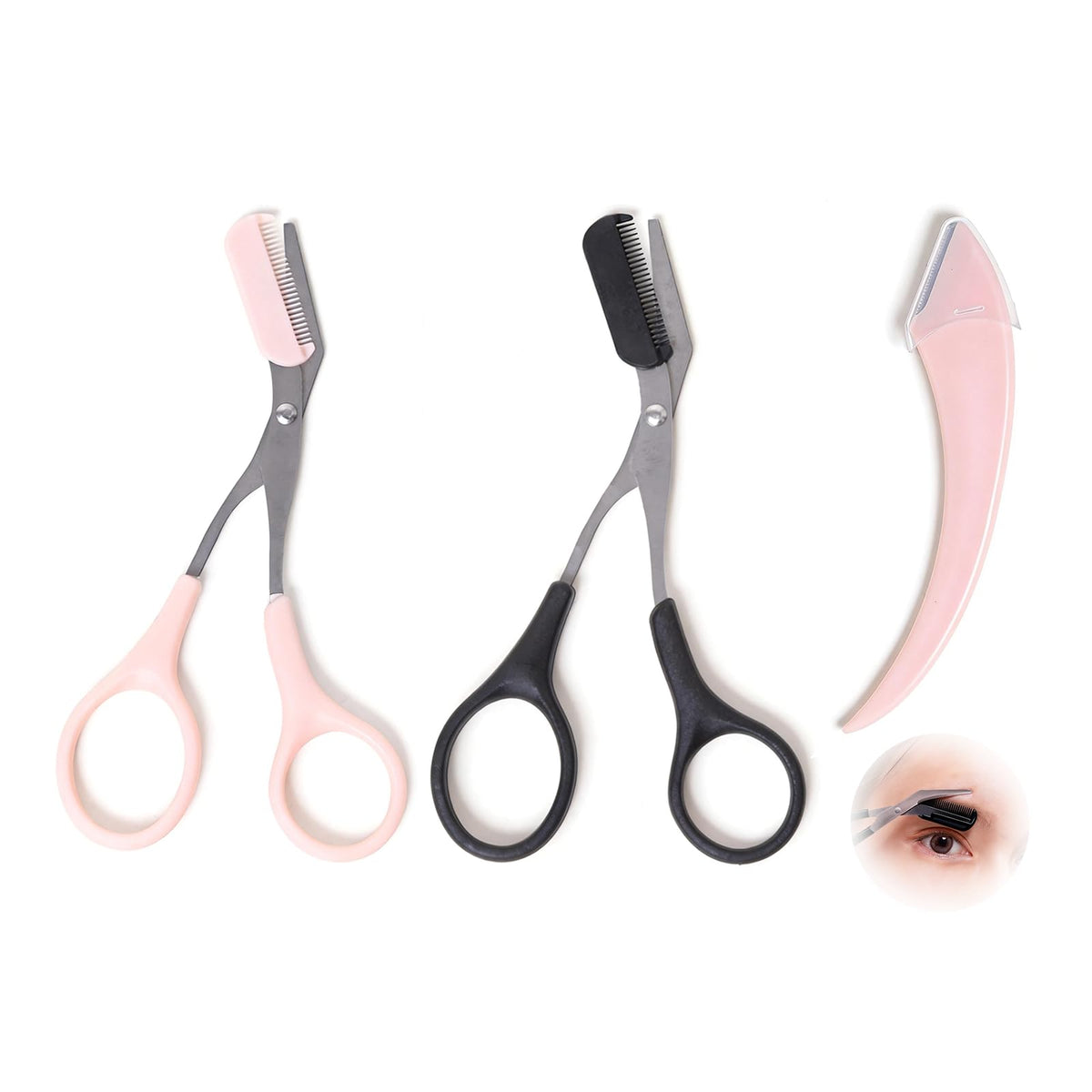 3Pack Eyebrow Scissors with Comb,Stainless Steel Eyebrow Trimmer Scissors with Eyebrow Razor for Beginner,Women & Men,Portable Grooming Hair Removal Beauty Set (Black, Pink)
