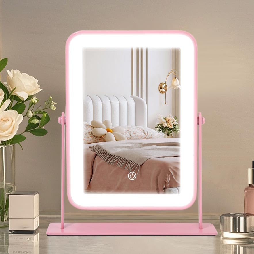 YEKKOPT Travel Makeup Mirror with Lights, Portable Small Beauty LED Vanity Mirror with Lights, 1200mAh Battery, Dimmable Touch Screen, Tabletop Folding Compact Mirror,Women Gift