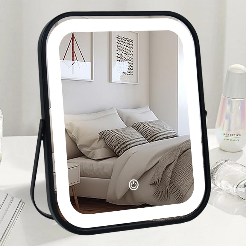 YEKKOPT Travel Makeup Mirror with Lights, Portable Small Beauty LED Vanity Mirror with Lights, 1200mAh Battery, Dimmable Touch Screen, Tabletop Folding Compact Mirror,Women Gift