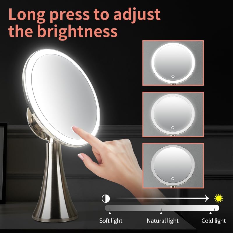 Surdy 9" Lighted Makeup Mirror, 5x/10x Magnifying Mirror w/ 3 Color