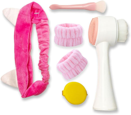 Manual Facial Cleansing Brush, Face Washing Tools,Headbands, Wrist Band ，Facial Mask Brush and Powder Puff（Pink
