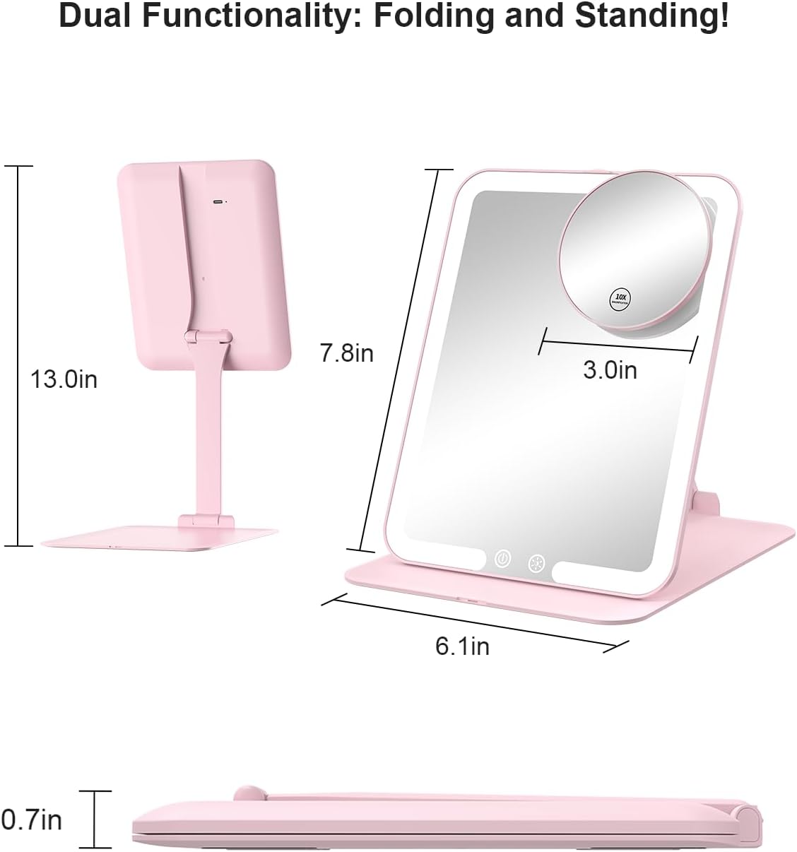 Gospire Travel Makeup Mirror with Lights and Magnification 10X, Pink