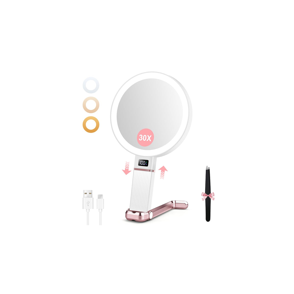 MIYADIVA Travel Makeup Mirror with Lights, Height Adjustable 30X/1X Double-Sided Magnifying Mirror, Portable Vanity Mirror with Digital Display & Phone Holder, Handheld Tabletop Hanging, Rose Gold