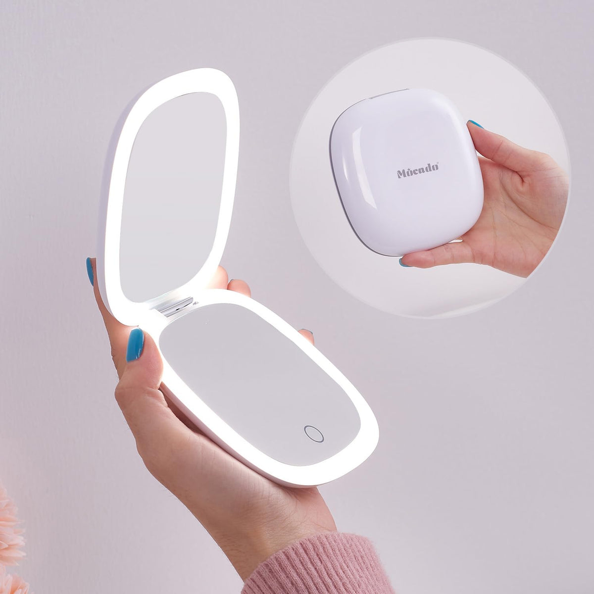 Mocado Compact LED Magnifying Travel Makeup-Mirror - 4 inches 1X/10X Magnification Small Hand Pocket Dimmable Double Sided USB Rechargeable Touch Screen, Portable Tabletop Cosmetic (Rose Gold)