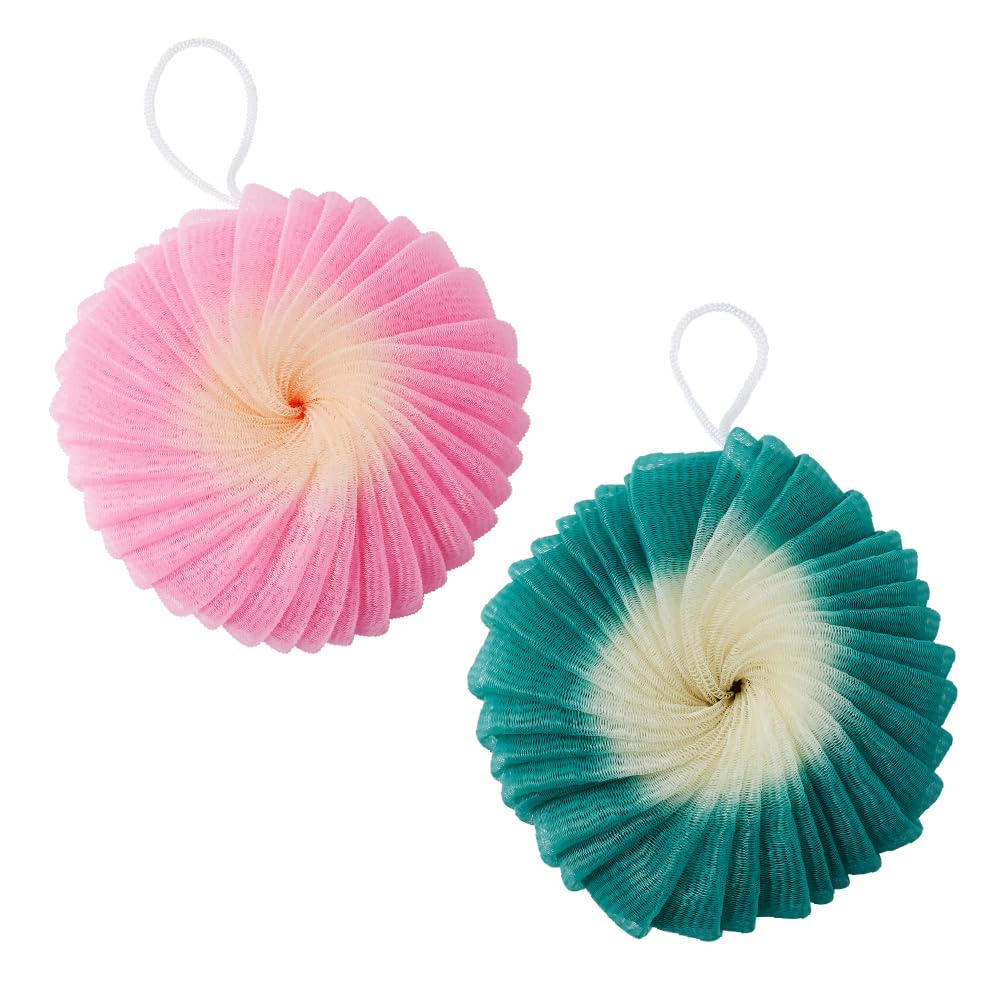 Éclat Mesh Bath Sponge Loofah Ball, Soft Exfoliating Body Scrubber for Wash, Rich-Lather Nylon Net Puff with Quick-Dry Hanging Loop, Gentle Daily Cleanser (Pink/Grey, 2Pcs)