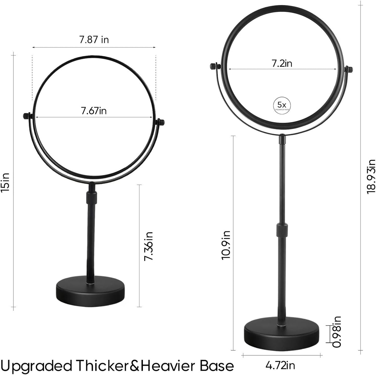 Nicesail Taller Tabletop Makeup Mirror, 8 Inch 5X Magnified, Matte Black