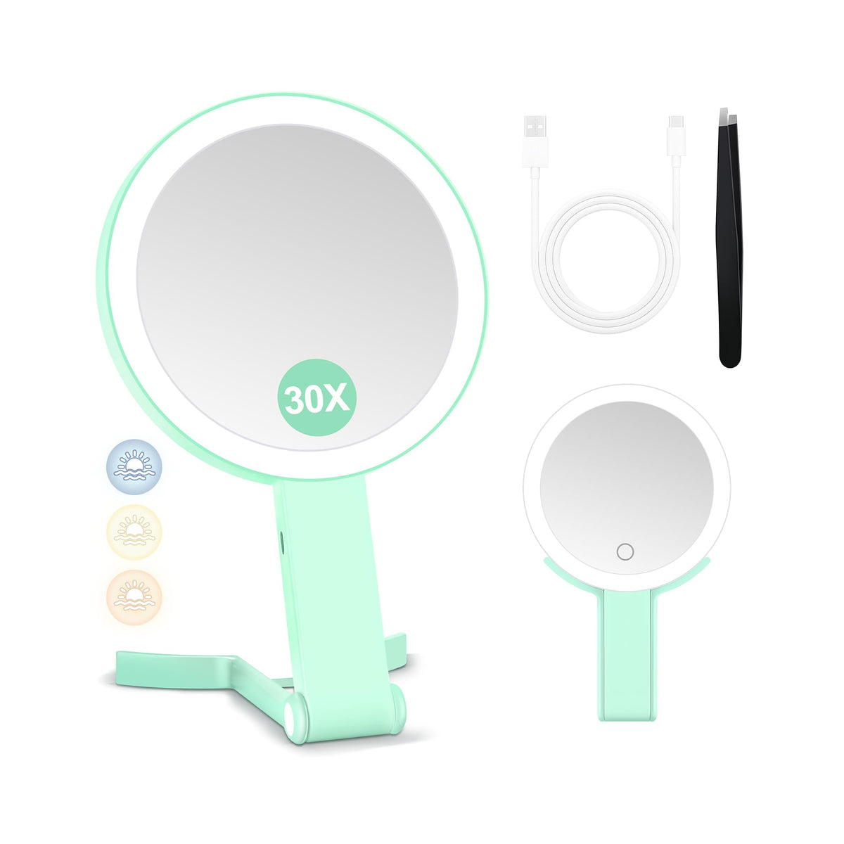 MIYADIVA Travel Makeup Mirror with Lights, Height Adjustable 30X/1X Double-Sided Magnifying Mirror, Portable Vanity Mirror with Digital Display & Phone Holder, Handheld Tabletop Hanging, Rose Gold