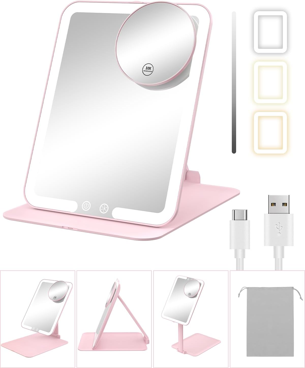 Gospire Travel Makeup Mirror with Lights and Magnification 10X, Pink