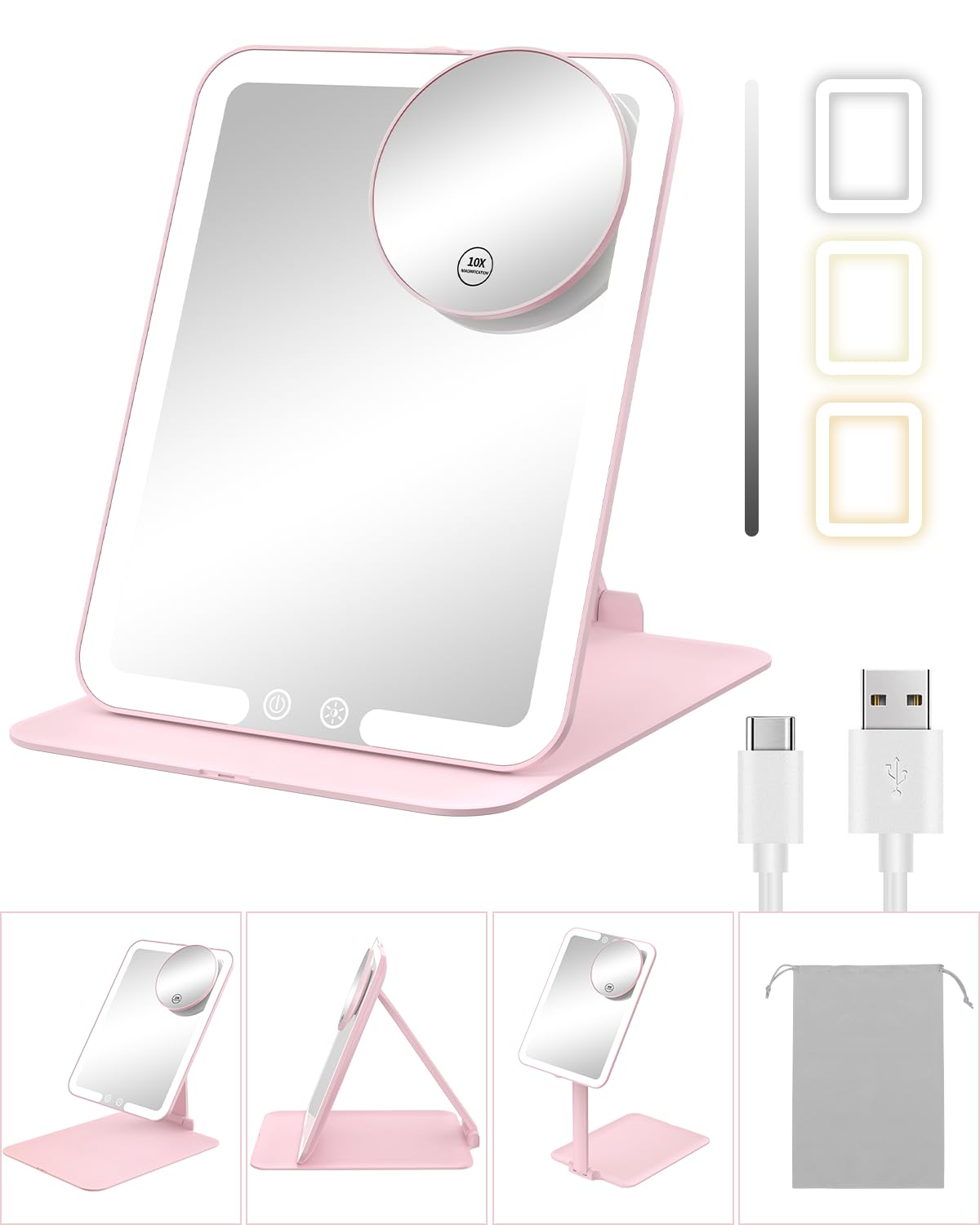 Gospire Travel Makeup Mirror with Lights and Magnification 10X, Pink